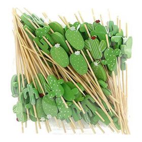 200 Pcs Cactus Party Bamboo Disposable Dessert Picks Fruit Sticks Bar Bamboo Sticks Cute Decorating Cocktail Picks Fruit Platter Sticks Random Pattern