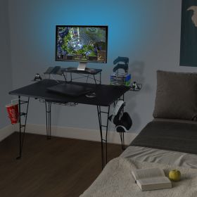 Gaming Desk, Charging Station, Elevated Shelf, MDF Top with Powder Coated Metal Legs in Black