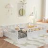 Full Floor Bed Frame with Fence, Wood Kids Floor Beds Frame for Bedroom Playroom,White(Expect arrive date Jul. 10th)