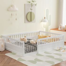 Full Floor Bed Frame with Fence, Wood Kids Floor Beds Frame for Bedroom Playroom,White(Expect arrive date Jul. 10th)