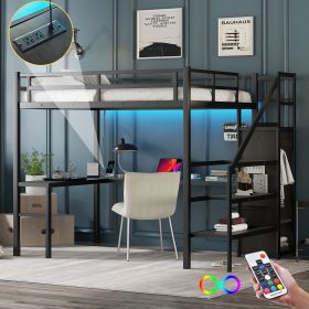 Full Size Loft Bed with L-shaped Desk and USB, Metal Loft Bed with Wardrobe and Adjustable Shelf, High Loft Bed with LED for Kids Teens Adults, Black