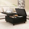 Large square storage stool with two storage doors, footstool for living room Studded mid-century modern coffee table, black PU leather