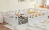 Full Floor Bed Frame with Fence, Wood Kids Floor Beds Frame for Bedroom Playroom,White(Expect arrive date Jul. 10th)