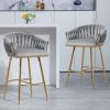 26'' Counter height bar stools Set of 2,velvet kitchen island counter bar stool with hand- wave back,golden chromed base and foot rest(GREY)