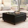 Large square storage stool with two storage doors, footstool for living room Studded mid-century modern coffee table, black PU leather