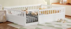 Full Floor Bed Frame with Fence, Wood Kids Floor Beds Frame for Bedroom Playroom,White(Expect arrive date Jul. 10th)