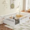 Full Floor Bed Frame with Fence, Wood Kids Floor Beds Frame for Bedroom Playroom,White(Expect arrive date Jul. 10th)