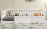 Full Floor Bed Frame with Fence, Wood Kids Floor Beds Frame for Bedroom Playroom,White(Expect arrive date Jul. 10th)