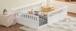 Full Floor Bed Frame with Fence, Wood Kids Floor Beds Frame for Bedroom Playroom,White(Expect arrive date Jul. 10th)