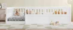 Full Floor Bed Frame with Fence, Wood Kids Floor Beds Frame for Bedroom Playroom,White(Expect arrive date Jul. 10th)