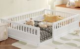 Full Floor Bed Frame with Fence, Wood Kids Floor Beds Frame for Bedroom Playroom,White(Expect arrive date Jul. 10th)