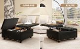 Large square storage stool with two storage doors, footstool for living room Studded mid-century modern coffee table, black PU leather