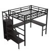 Full Size Loft Bed with L-shaped Desk and USB, Metal Loft Bed with Wardrobe and Adjustable Shelf, High Loft Bed with LED for Kids Teens Adults, Black