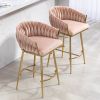 26'' Counter height bar stools Set of 2 kitchen island counter bar stool with hand- wave back,golden chromed base and footrest(PINK)