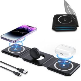 15W Fast Charging,3 in 1 Wireless Charger for iPhone and Android, Magnetic Foldable and Portable Charging Station (Color: Black)