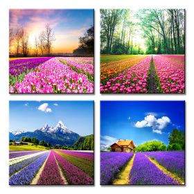 Canvas Prints Tulip Lavender Field Wall Art Colorful Flowers Artworks on Canvas Landscape Painting Framed for Modern Home Decoration (Color: purple)