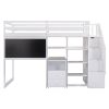 Twin Size Loft Bed with Pullable Desk and Storage Shelves; Staircase and Blackboard