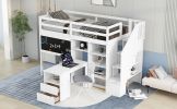 Twin Size Loft Bed with Pullable Desk and Storage Shelves; Staircase and Blackboard