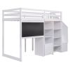 Twin Size Loft Bed with Pullable Desk and Storage Shelves; Staircase and Blackboard